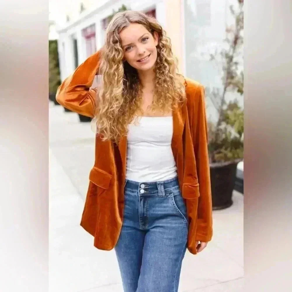 Holiday Stunner Rust Velvet Lapel Blazer